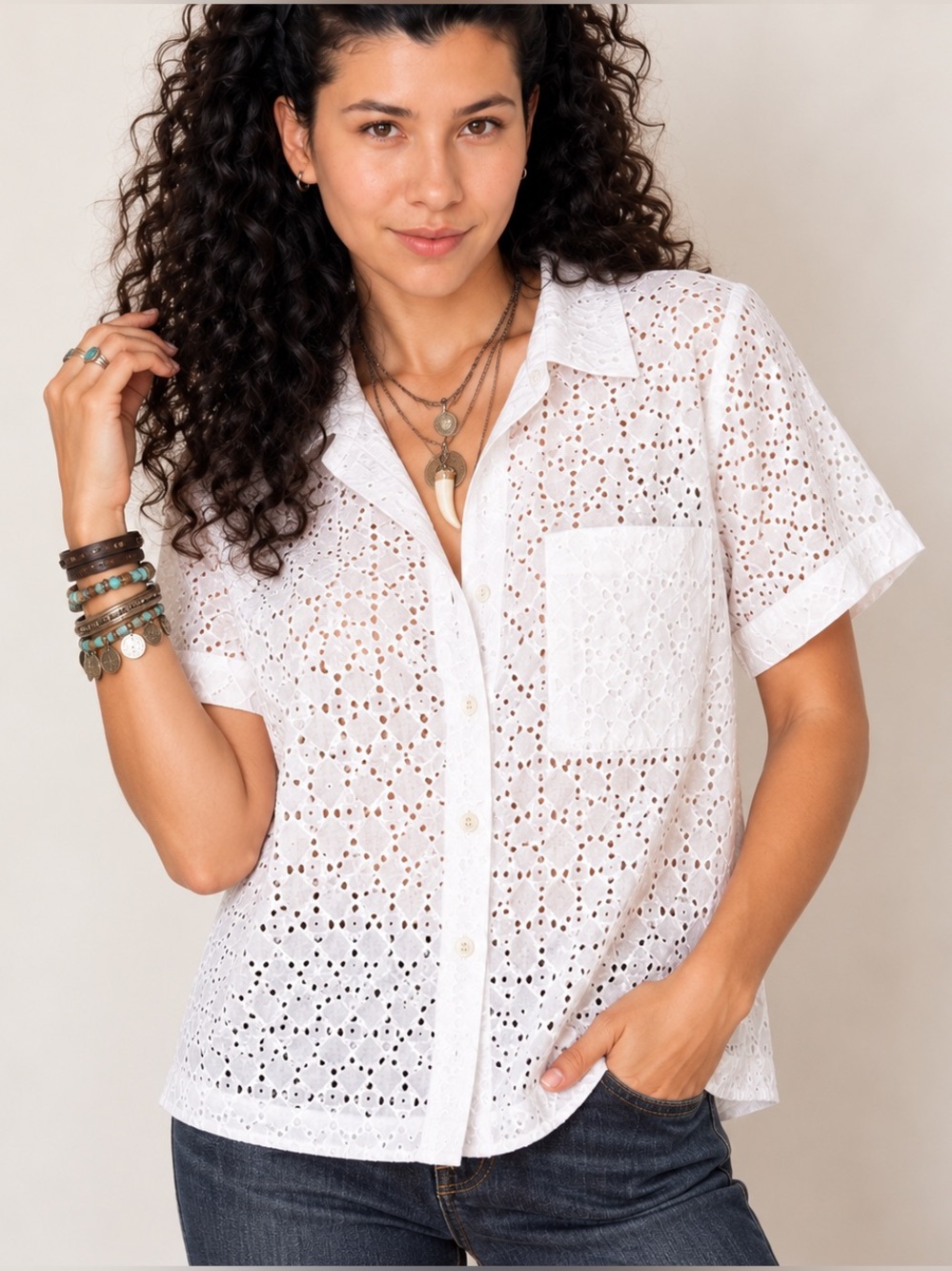 NWT Marled Women’s Size S White Eyelet Embroidered Button Front Shirt Boho